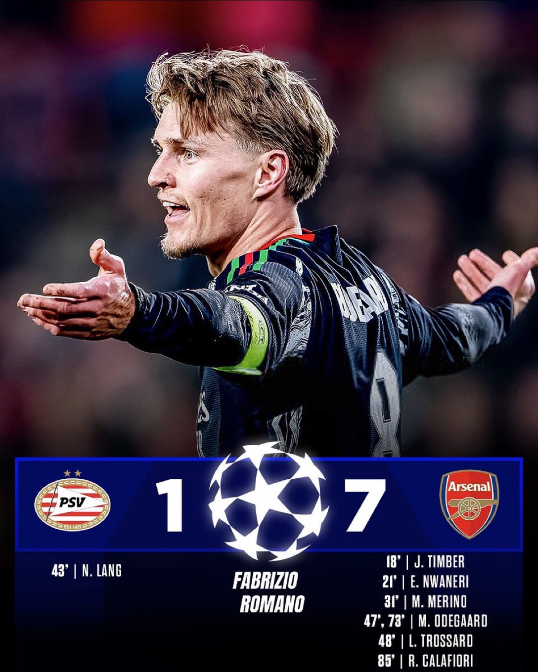 Ligue des champions UEFA : Arsenal écrase le PSV et prend le chemin des qualifications